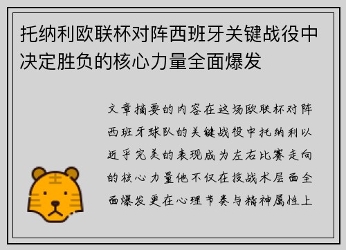 托纳利欧联杯对阵西班牙关键战役中决定胜负的核心力量全面爆发 托纳利欧联杯对阵西班牙关键战役中决定胜负的核心力量全面爆发